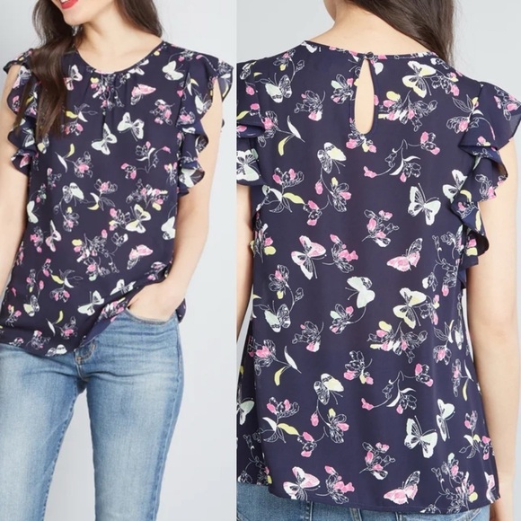 ModCloth ruffle short sleevebutterfly floral top size xxs women’s navy top new - Picture 1 of 9